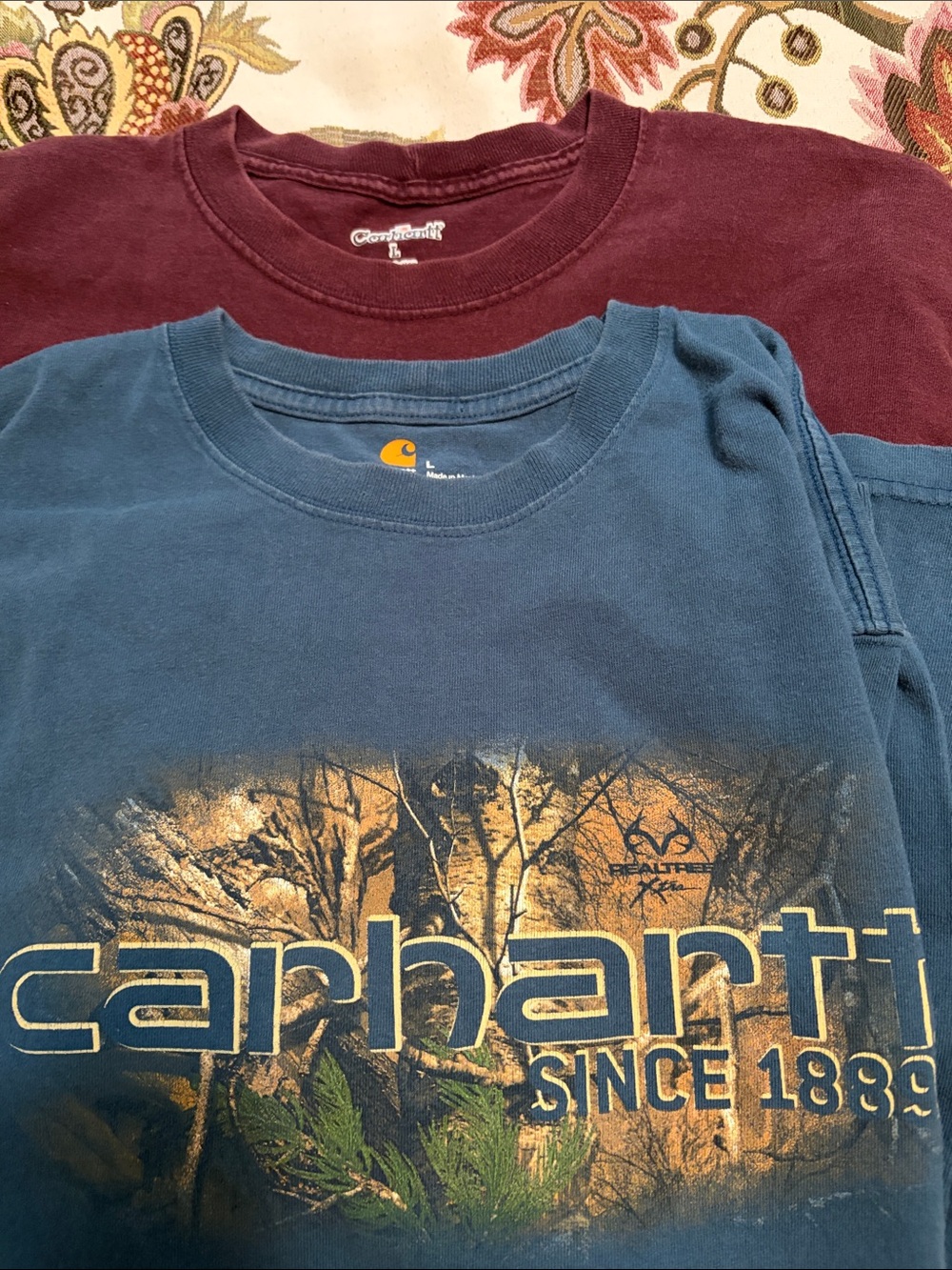 2 Carhartt Shirts Blue Graphic Crewneck and Maroon